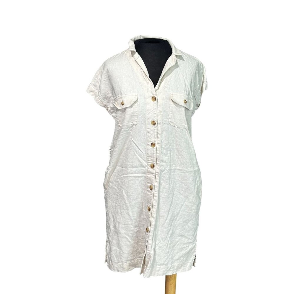 Old Navy Womens Button-Up Linen Blend Shirt Dress S Short Sleeve Off-White